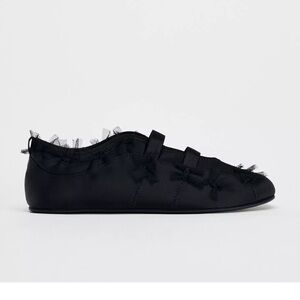 Zara Black Satin Ballet Flats with Tulle Trim